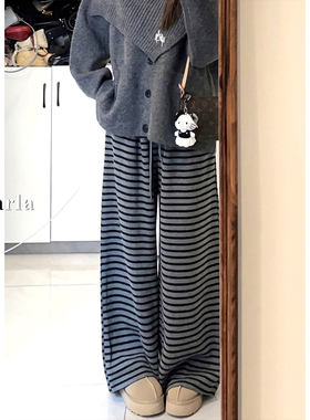 深灰色直筒条纹休闲裤女秋冬加绒胖mm宽松大码显瘦软糯垂感阔腿裤