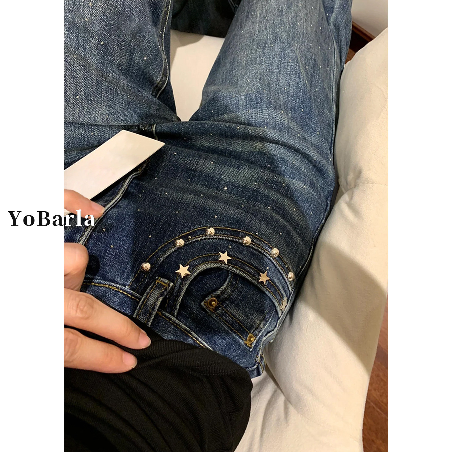 烫钻满天星微喇牛仔裤大码显瘦图片