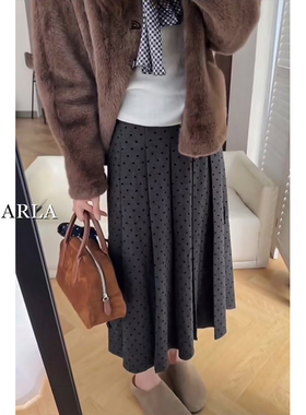 灰色波点百褶半身裙女秋冬胖mm大码高腰显瘦梨形身材中长款a字裙