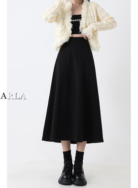 梨形身材黑色毛呢半身裙女春季大码胖mm高腰显瘦中长款a字伞裙子