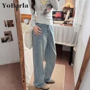 子 宽松显瘦垂感直筒裤 浅色阔腿牛仔裤 女秋冬加绒梨形身材胖mm大码