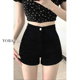 女夏季 新款 大码 黑色高腰牛仔短裤 胖mm显瘦弹力梨形身材a字热裤 子
