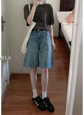 复古阔腿牛仔短裤女夏季大码胖mm宽松显瘦梨形身材直筒五分中裤子