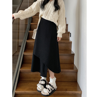 高腰a字梨形身材裙子 胖mm中长款 黑色松紧腰毛呢半身裙女秋季 大码