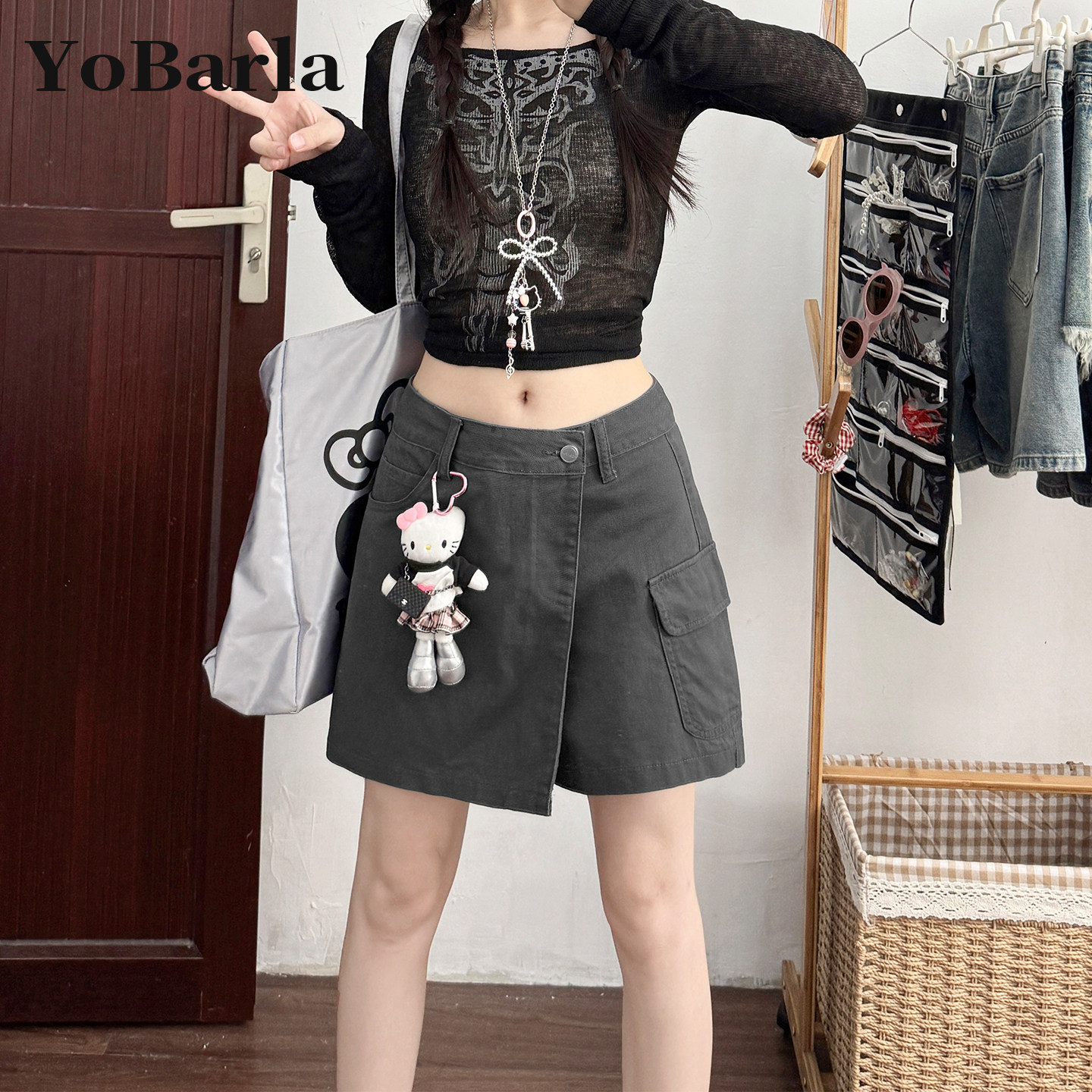 灰色工装牛仔短裙裤女小个子夏新款胖mm大码显瘦宽松a字阔腿短裤