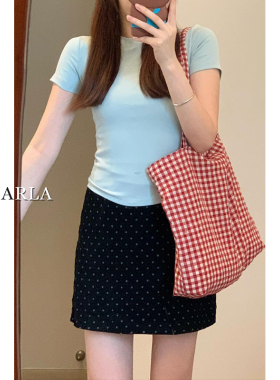 黑色波点休闲短裙女夏新款高腰梨形身材大码胖mm显瘦a字半身裙子
