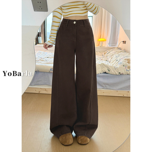 胖mm宽松遮肉显瘦垂感直筒裤 大码 女秋冬新款 复古棕咖色阔腿牛仔裤
