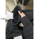 胖mm宽松显瘦慵懒垂感阔腿裤 加绒加厚大码 女冬季 黑灰色格子休闲裤