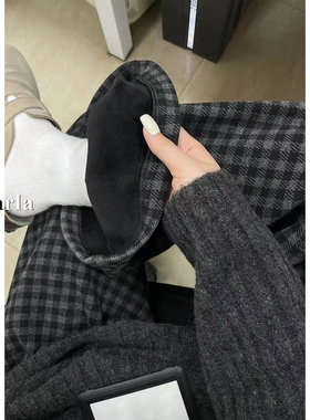 黑灰色格子休闲裤女冬季加绒加厚大码胖mm宽松显瘦慵懒垂感阔腿裤