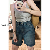 子 胖mm宽松显瘦梨形身材阔腿五分中裤 复古蓝直筒牛仔短裤 女夏大码