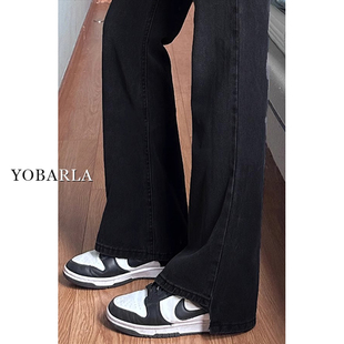 胖mm高腰显瘦梨形身材喇叭裤 黑色微喇牛仔裤 大码 新款 子 女弹力春季