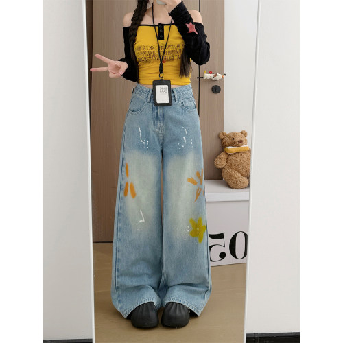 涂鸦高腰阔腿牛仔裤女显瘦大码