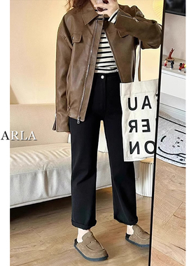 黑色直筒牛仔裤女春季新款大码胖mm梨形身材显瘦窄版九分烟管裤子