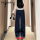 深蓝色阔腿A版 高腰显瘦宽松垂感直筒裤 牛仔裤 女秋冬加绒胖mm大码