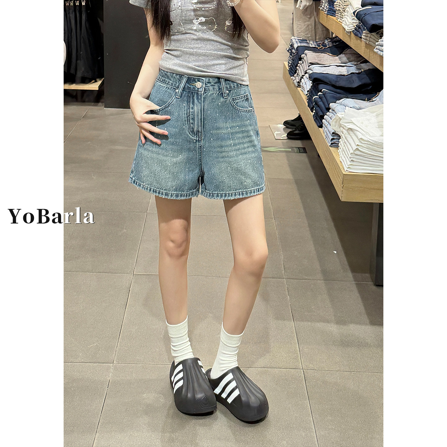 蓝色烫钻阔腿牛仔短裤女夏新款大码胖mm梨形身材宽松显瘦a字热裤