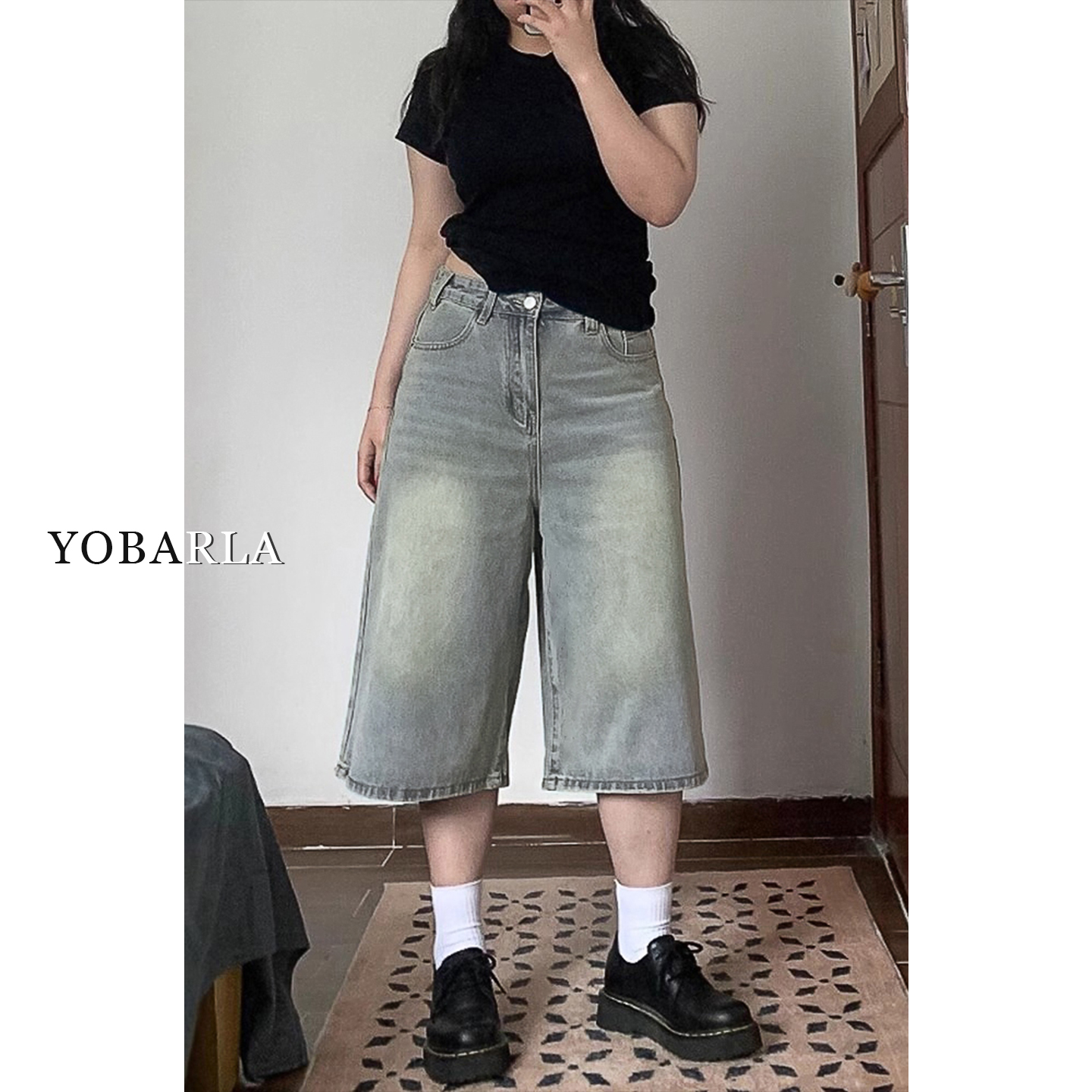 浅色阔腿七分牛仔裤女夏季新款大码胖mm宽松显瘦梨型身材直筒裤子