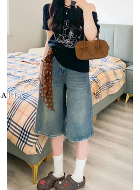 复古阔腿牛仔七分裤女夏季新款胖mm大码梨型身材显瘦宽松直筒短裤