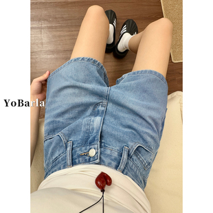 蓝色牛仔短裤 女高腰夏薄款 大码 胖mm显瘦宽松梨形身材阔腿a字热裤