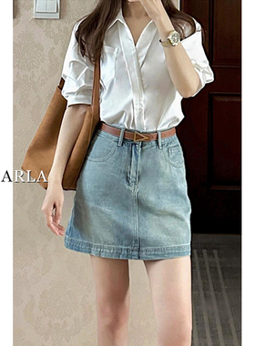 浅色高腰牛仔短裙女夏季新款大码胖mm遮肚显瘦梨形身材a字半身裙