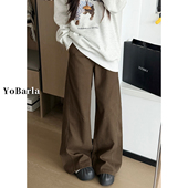 复古咖色阔腿牛仔裤 宽松垂感显瘦直筒裤 女春季 胖mm大码 子 新款 美式
