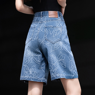 蓝色五分牛仔裤短裤女2026夏季薄款新款高级感阔腿宽松提花直筒裤