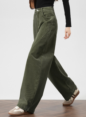 复古军绿色灯芯绒加绒裤子女2025新款高腰弯刀裤休闲风加绒阔腿裤