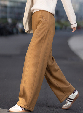 枯黄色休闲裤加绒裤子2025新款今年流行爆款冬季毛呢阔腿裤弯刀裤