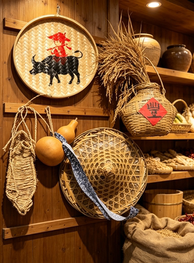 竹编簸箕牧童骑牛复古壁挂装饰