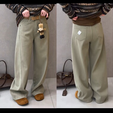 90531冬新品韩系高腰百搭宽松直筒裤女休闲裤加绒加厚牛仔裤