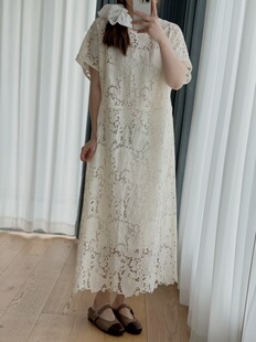法式勾花镂空连衣裙女夏季新款圆领宽松中长裙刺绣裙两件套