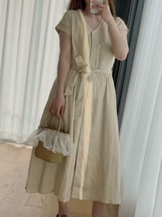 韩系新款V领系带收腰中长款连衣裙亚麻重工高品质腰间压褶连衣裙