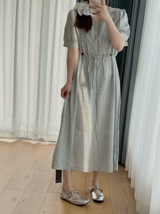 夏装气质V领串珠收腰显瘦短袖亚麻连衣裙裙正肩中长裙