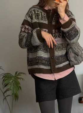 63322冬新品韩系圆领宽松百搭提花针织衫女绵羊毛山羊绒毛衣开衫