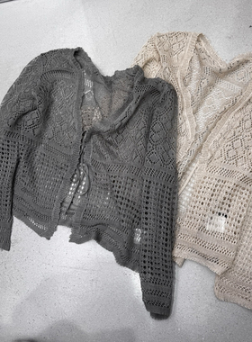 82185韩系早春新款时尚百搭V领镂空钩花针织衫优雅慵懒感开衫