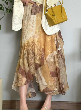 80369超级浪漫花色半身裙春夏新款法式气质碎花松紧腰不规则半裙