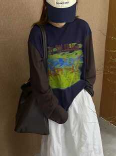 圆领印花图案长袖 撞色T恤韩系早春新款 T恤 一款 84143非常有强调