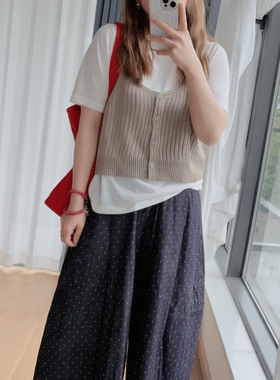 90816新款韩版宽松慵懒风针织吊带背心女短袖T恤两件套