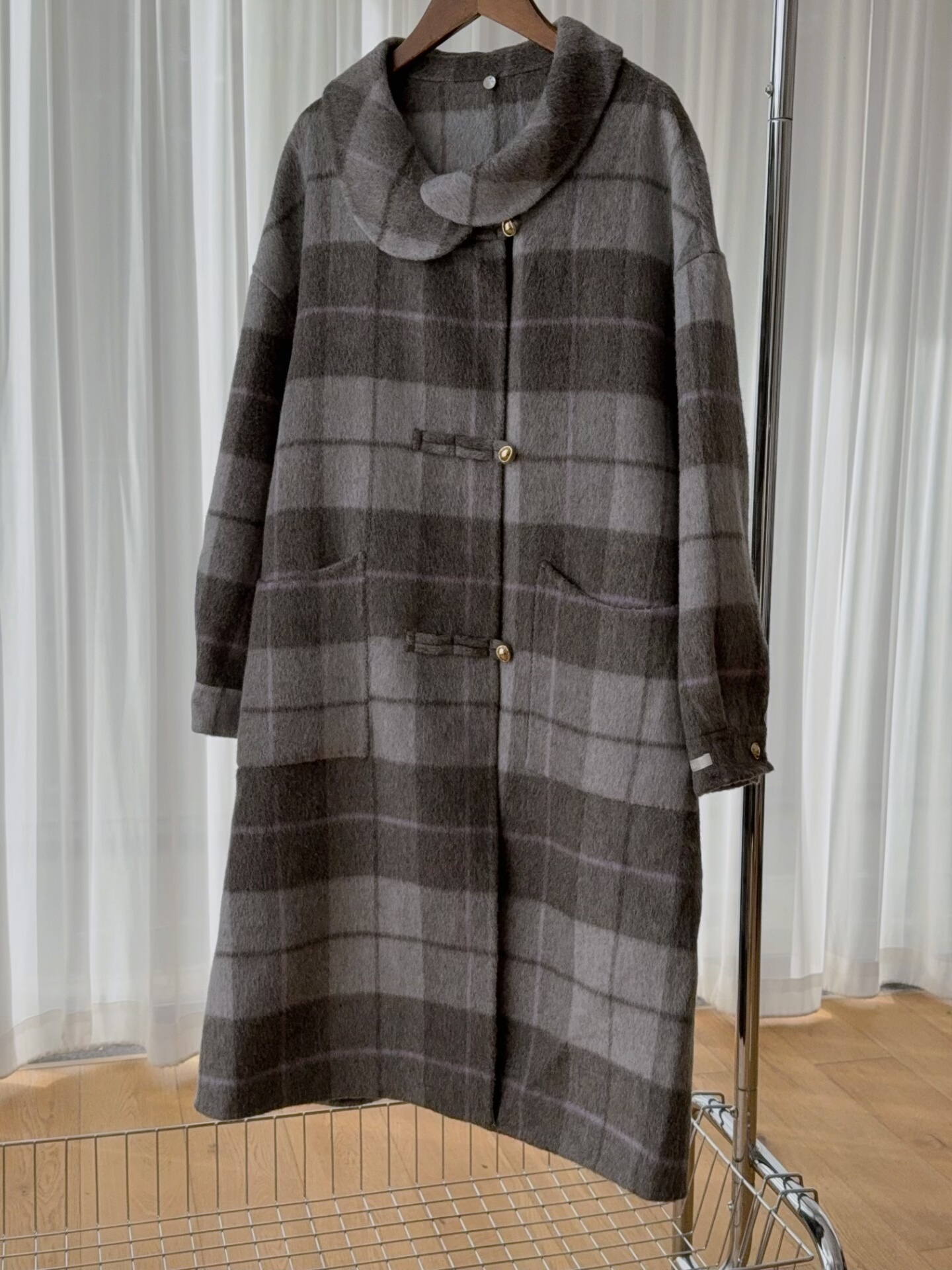 新品～韩系格子宽松百搭10山羊绒90澳洲羊毛呢大衣女秋冬中长款