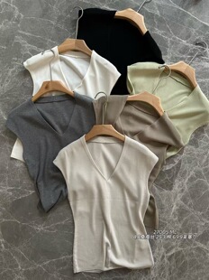 盖袖 女独特别致短款 背心小上衣 V领条纹针织衫 27005韩系早春新款