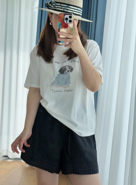 A10030欧货夏季新品圆领小狗字母图案短袖T恤女宽松显瘦百搭上衣