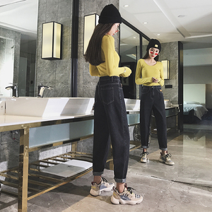 宽松九分高腰牛仔裤