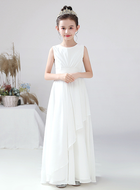 迪迪淘女童礼服白色中大童雪纺晚礼服修身学生合唱演出服乐团表演