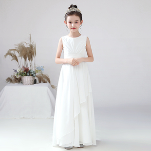 迪迪淘女童礼服白色中大童雪纺晚礼服修身学生合唱演出服乐团表演