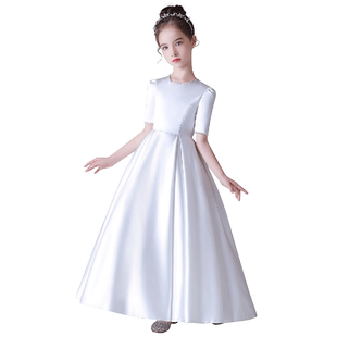 迪迪淘儿童高定礼服钢琴演奏服女童缎面晚礼服花童生日公主裙白色