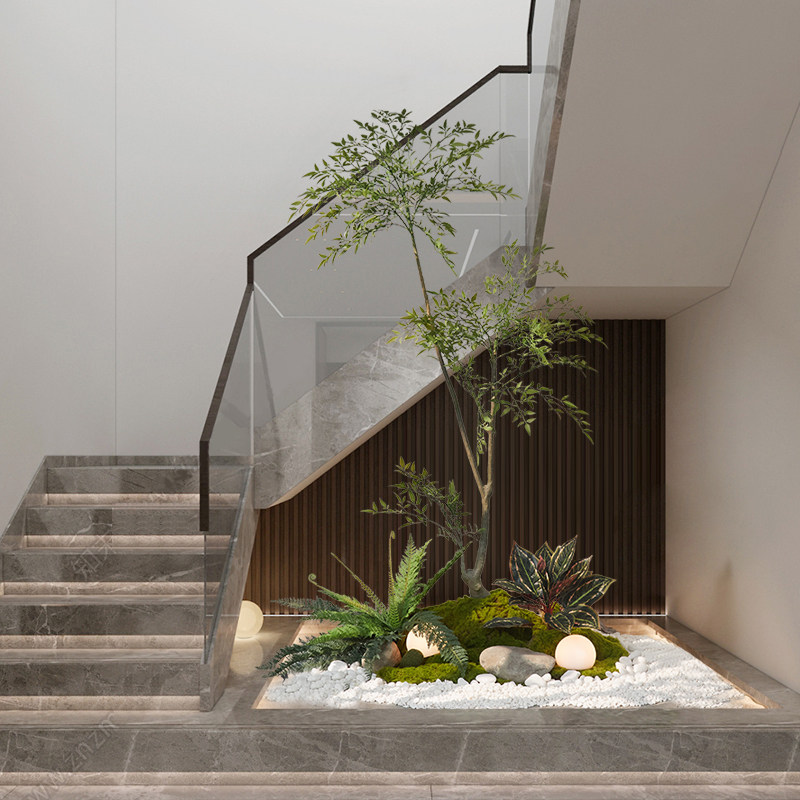 彷真绿色植物造景高端轻奢阳台楼梯下植物景观室内玄关装饰橱窗摆