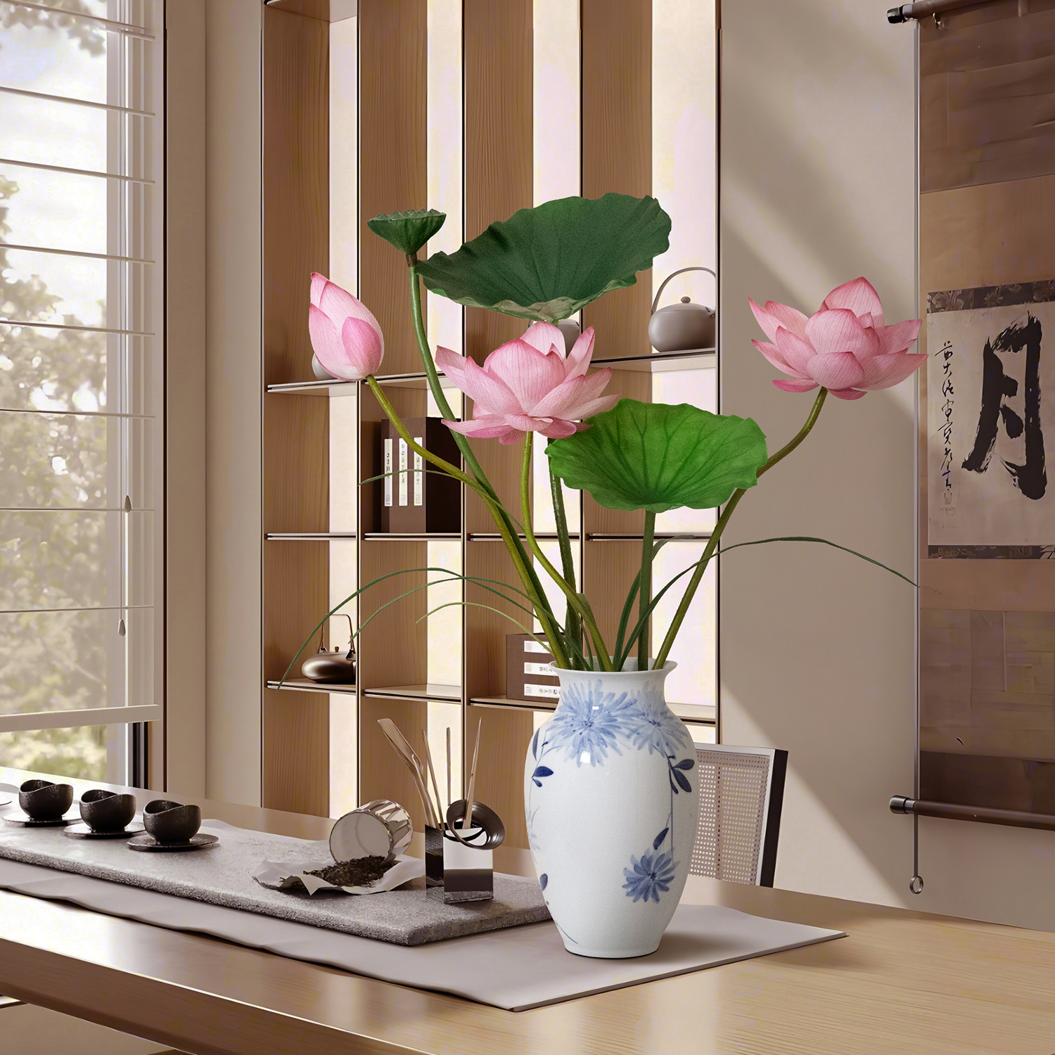 海虹雅林荷花仿真花高级感逼真新中式客厅桌面装饰摆件高档仿生花