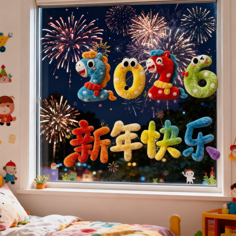 2026 新年3D玻璃贴元旦春节窗花男孩女孩宝宝房间创意装饰墙贴