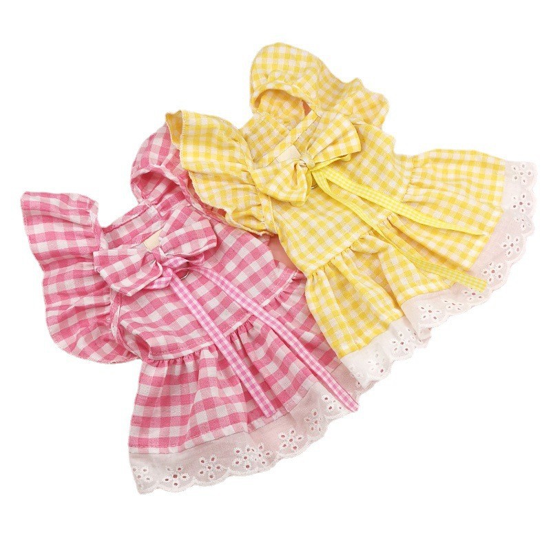 宠物衣服夏季狗狗裙子猫咪衣服飞肩袖格子蕾丝裙子小型犬泰迪比熊