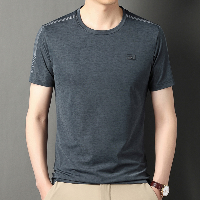 冰丝短袖t恤男无领格子速干丅血衫中年爸爸夏装上衣服丝滑净版潮