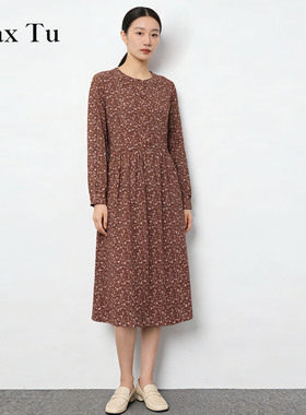 Max Tu女装2026春新款长袖圆领收腰中长裙英伦老钱风长袖连衣裙